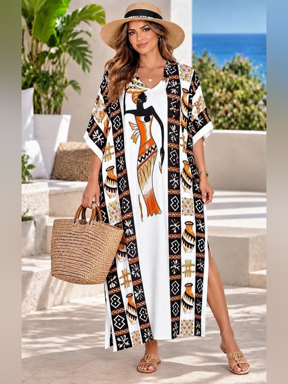 Lapagoge Women's Maxi Kaftan (Tunic) Dress Black & White made in India ONE SIZE